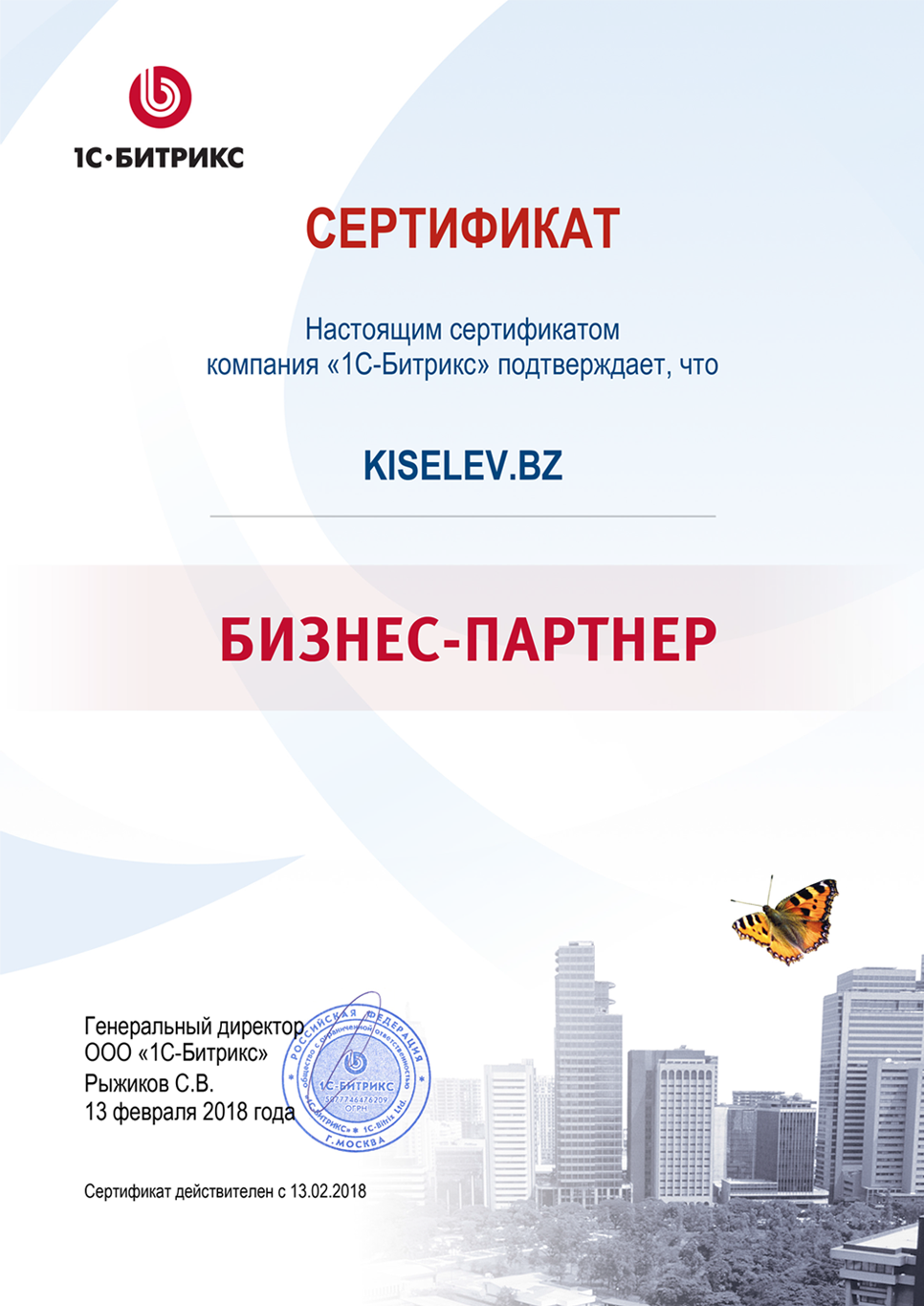 Сертификат партнёра по СРМ системам в Борисоглебске